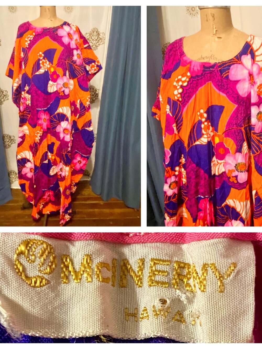 Vintage McInerny Psychedelic OPEN SIDES Hawaiian Maxi Coverup Caftan Dress L